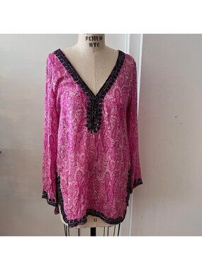 CALYPSO ST BARTH Pink Paisley and Sequined Tunic Size Large